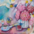 Luna Burlo colorful still life fine art canvas print of a painting with pink peony flowers, Australian native fairy wren birds, and billy button flowers, with tea set, and other items on a table. Painted in Melbourne, Australia